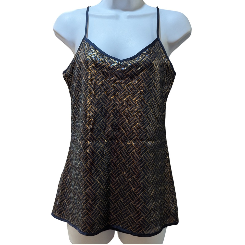 Banana Republic Sequined‎ V Neck Camisole Tank Women XS Blue Gold Sparkle Party